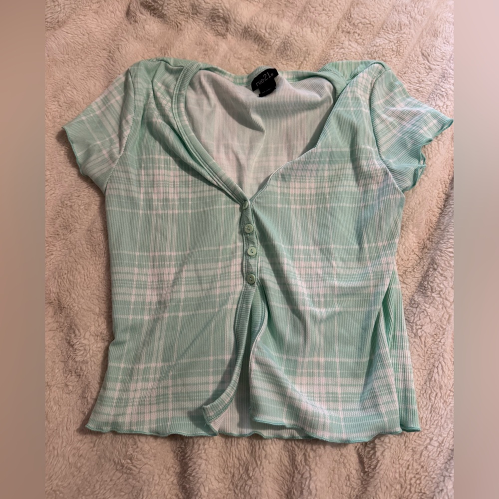 Mint Green Plaid Button-Up Top